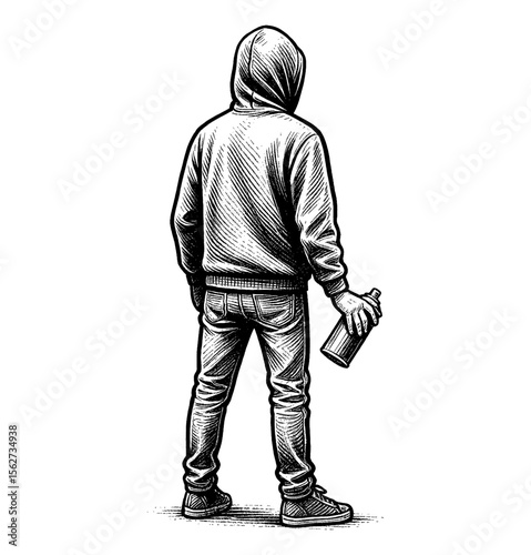 A man standing with back view holding spray paint can in black and white illustration art