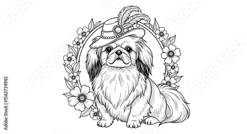 Charming canine: A delightful sketch of a Pekingese dog adorned with a stylish hat and surrounded by a delicate floral wreath, showcasing a charming and elegant ambiance.