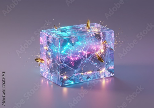 A shattered ice cube with glowing neon blue and pink light inside pierced by golden shards and emitting sparks