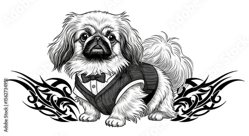 Pekinese in Formal Attire: A sophisticated Pekinese, meticulously illustrated, models a dapper suit and bow tie against an artistic background. A portrait of elegance and style.