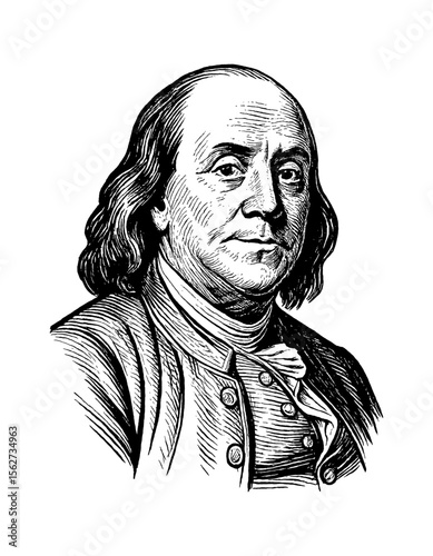 Benjamin Franklin Portrait in Detailed Engraving Black and White Style Historical Figure
