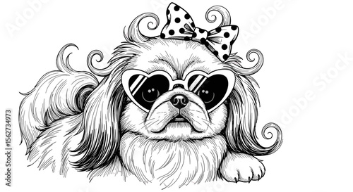 Stylish Pup: A chic Pekinese dog sports heart-shaped sunglasses and a playful polka-dot bow, exuding a charming and fashionable aura.