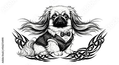 Dapper Dog in Formal Wear: A charming Pekingese dog, elegantly attired in a tuxedo, exudes sophistication. The finely detailed monochrome illustration, a testament to the artistry.