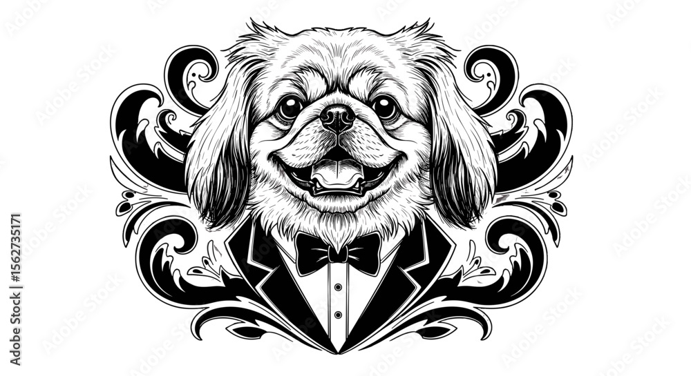 Obraz premium Sophisticated Dog Portrait: An intricately designed black and white illustration showcases a refined dog, embodying elegance. The artwork features the dog adorned in formal attire.