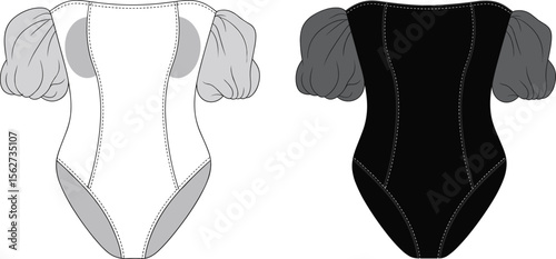 CAD drawing flat vector illustration of bodysuits, puff sleeve design, white and black colorways, stylish women’s clothing, front view fashion sketch, apparel template, garment layout