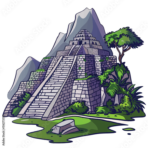 Detailed Cartoon Illustration of Ancient Inca Ruins with Mountain Backdrop