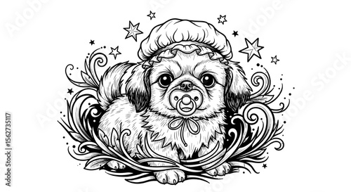 Sweet Puppy in Artistic Style: A charming puppy, depicted in a black and white illustration, wears a bonnet and a pacifier, surrounded by swirling embellishments and stars.