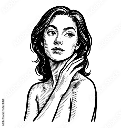Portrait of an elegant woman with hand on neck in black and white ink drawing style