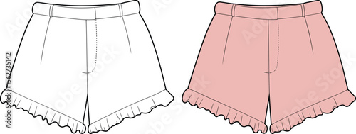 CAD drawing flat vector illustration of ruffle hem shorts, front view fashion design, summer clothing, stylish garment layout, trendy apparel sketch, fashion template, cozy outfit