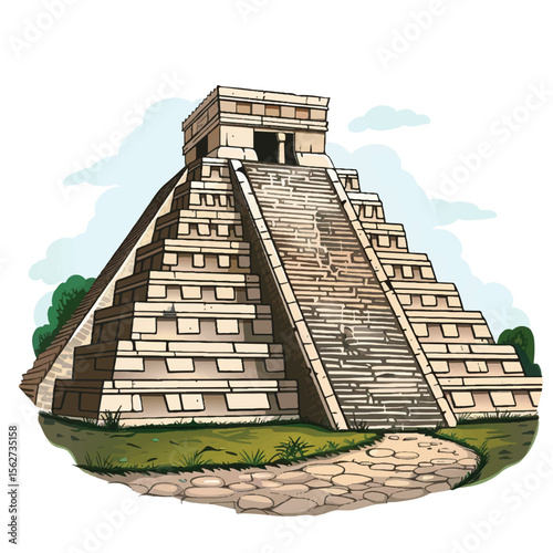 Detailed Cartoon Illustration of the Mesoamerican Pyramid El Castillo at Chichen Itza