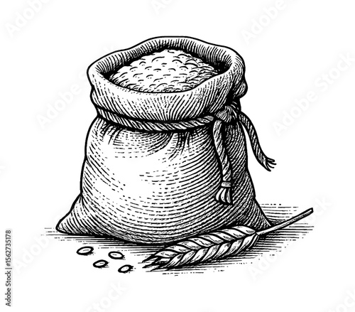 Engraving illustration of a sack of flour with a wheat stalk on white background