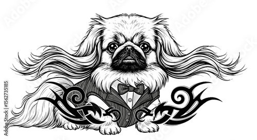 Distinguished Canine: A regal Pekingese dog, clad in a sophisticated tuxedo, exudes charm and style. Embellished with intricate tribal patterns, it's a portrait of refined elegance.