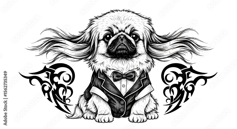 Fototapeta premium Dapper Canine Portrait: An exquisitely detailed, regal Pekingese dog, attired in a stylish tuxedo, embodies elegance and sophistication with an air of poise, creating a portrait of timeless charm.