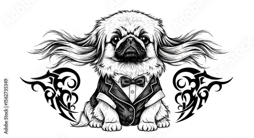 Dapper Canine Portrait: An exquisitely detailed, regal Pekingese dog, attired in a stylish tuxedo, embodies elegance and sophistication with an air of poise, creating a portrait of timeless charm.