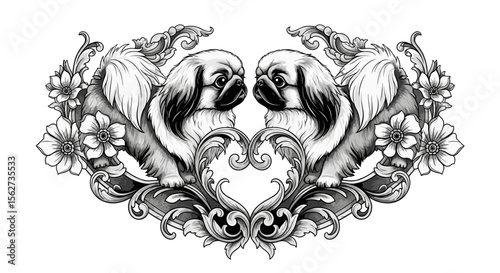 Pekingese Dog with Floral Ornament: Captivating illustration of Pekingese dogs framed by intricate floral and ornamental design, showcasing exquisite artistic detail.
