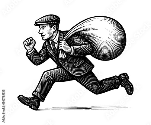 Man Running with Bag Over Shoulder in Suit, Black and White Engraving Style
