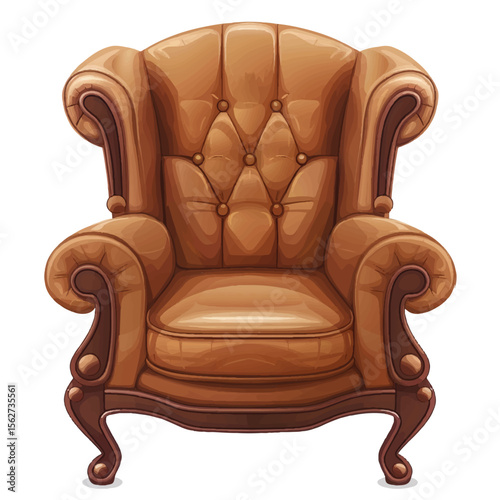 Detailed Illustration of a Luxurious Brown Leather Armchair with Buttoned Backrest