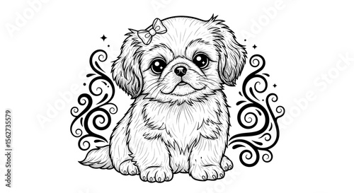 Cute puppy with bow illustration: Adorable puppy in a black and white illustration, featuring a bow, creates a charming and innocent depiction perfect for various designs.