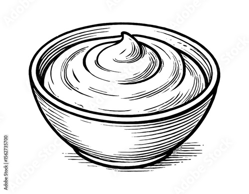 Bowl of Creamy Dip Black and White Illustration in Engrave Style Isolated on White Background