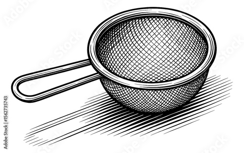 Detailed Engraved Illustration of Metal Kitchen Sieve with Handle and Shadow