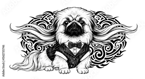 Dapper Dog Portrait: A dignified canine, meticulously illustrated, donning formal attire, exudes an air of sophistication against an ornate background.