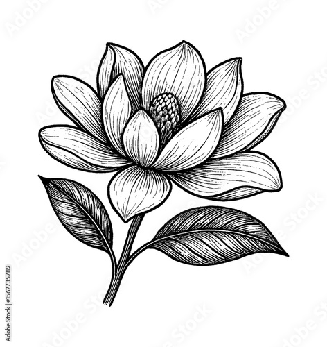 Detailed Black and White Line Art Drawing of Magnolia Flower with Stem and Leaves