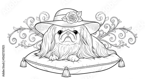 Pekingese in an Elegant Hat: A refined Pekingese dog, adorned with a stylish hat, rests gracefully upon an ornate pillow. The image is a detailed line drawing.