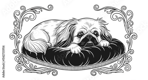Pekingese on a Pillow: A serene Pekingese lies comfortably on a cushion, framed by a detailed ornamental border. A timeless illustration of canine tranquility.