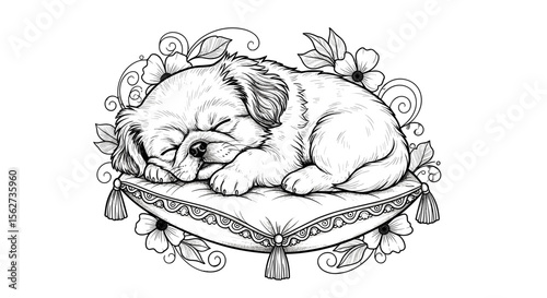 Dreaming Puppy: The illustration features a puppy in a deep sleep, curled up and resting peacefully on a plush pillow, surrounded by floral patterns. A sweet, whimsical scene.