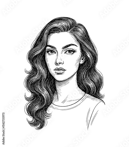 Portrait of a Beautiful Woman with Wavy Hair in Detailed Black and White Drawing