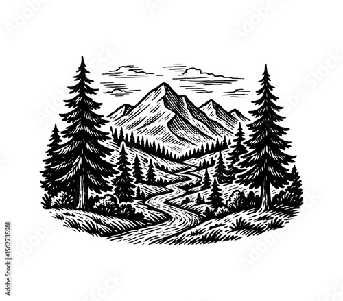 Mountain Landscape with Trees and Winding River in Detailed Black and White Engraving Style