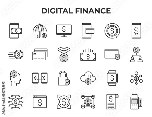 Digital Finance Banking Payment Online Transaction Security Icon Set Modern