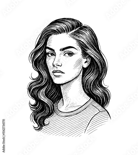 Portrait of a Caucasian Woman with Serious Expression in Detailed Black and White Drawing