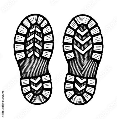 Illustration of Two Footprints Isolated on White Background Engrave Style
