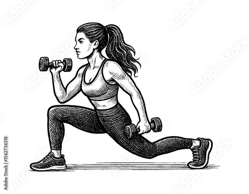 Athletic Woman Doing Lunges With Dumbbells Workout Exercise Vector Illustration Engrave Style