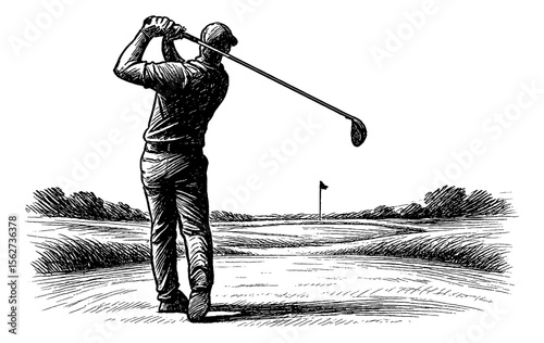 Golfer swinging golf club at golf course detailed black and white vintage outline line art drawing