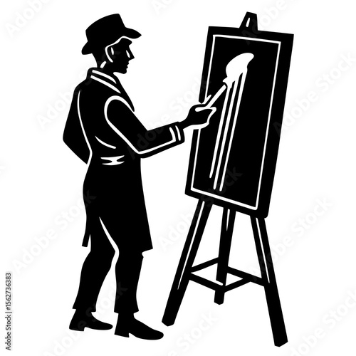 artist painting on easel with white background.