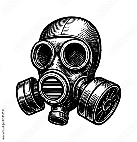 Detailed engraving of a gas mask with visible filters and lenses on white background