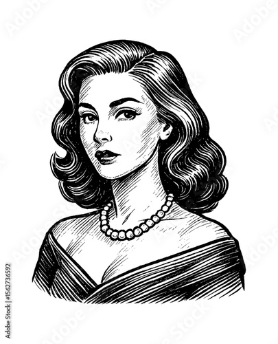 Elegant Woman with Pearl Necklace, Black and White Engraving Style Portrait