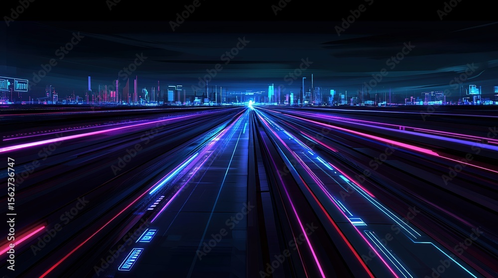 Obraz premium Illuminated city skyline at night with pink and blue light streaks across the road under a dark sky