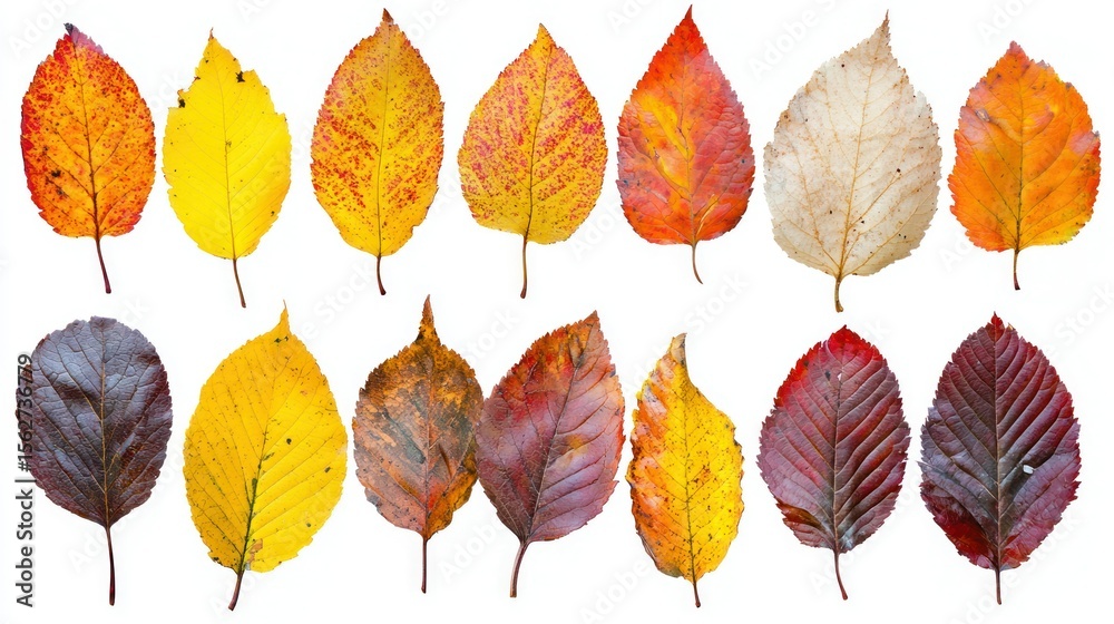 Obraz premium A collection of autumn leaves arranged in a grid pattern on a white background.