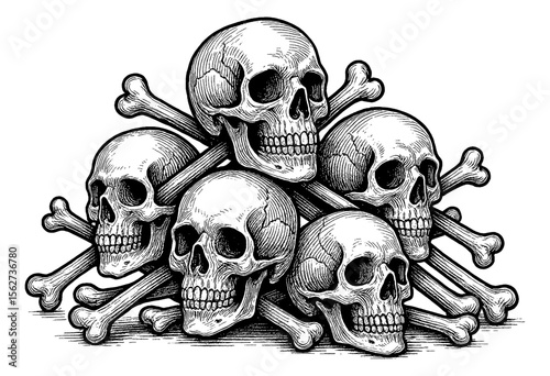 Pile of Skulls and Crossbones with Detailed Black and White Engraving Style