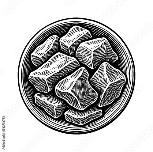 Sugar cubes in bowl engraved drawing, brown sugar still life food concept illustration