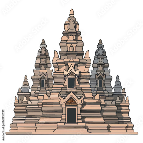 Detailed Illustration of a MultiTiered Temple with Intricate Architectural Design