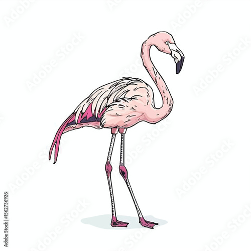 Detailed Illustration of a Pink Flamingo with Black Outlines and Unique Posture