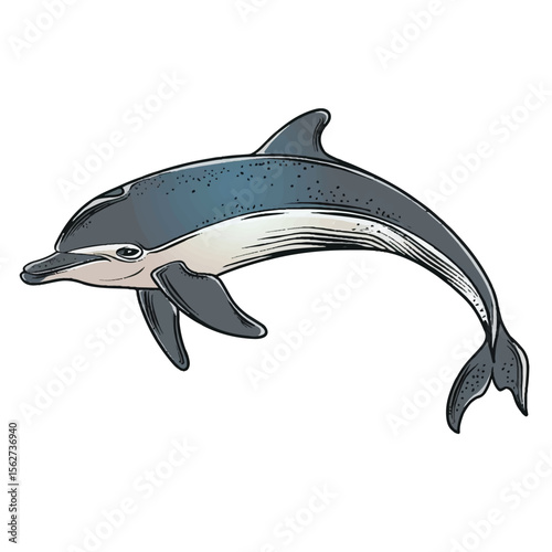 Detailed Illustration of a Playful Dolphin with Unique Coloration and Style
