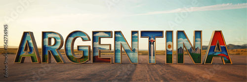 Argentina Word Art Landscape Illustration – Iconic Natural Landmarks, Mountains, Sun, Nature, and Flag Concept