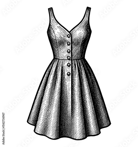 Illustration of a stylish vintage dress with buttons in black and white colors