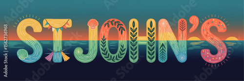 Colorful St. John’s Lettering Illustration with Nautical Elements, Sunset Ocean Horizon, and Tropical Vacation Theme Design
