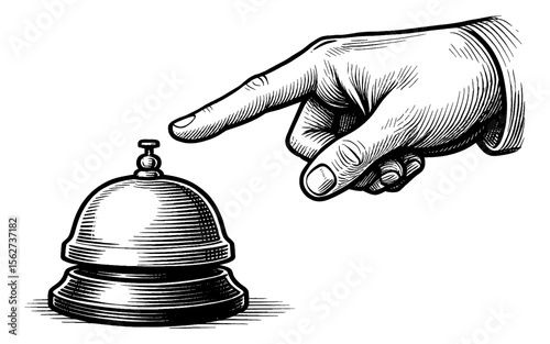 Finger pressing service bell in detailed engraving style black and white, close up
